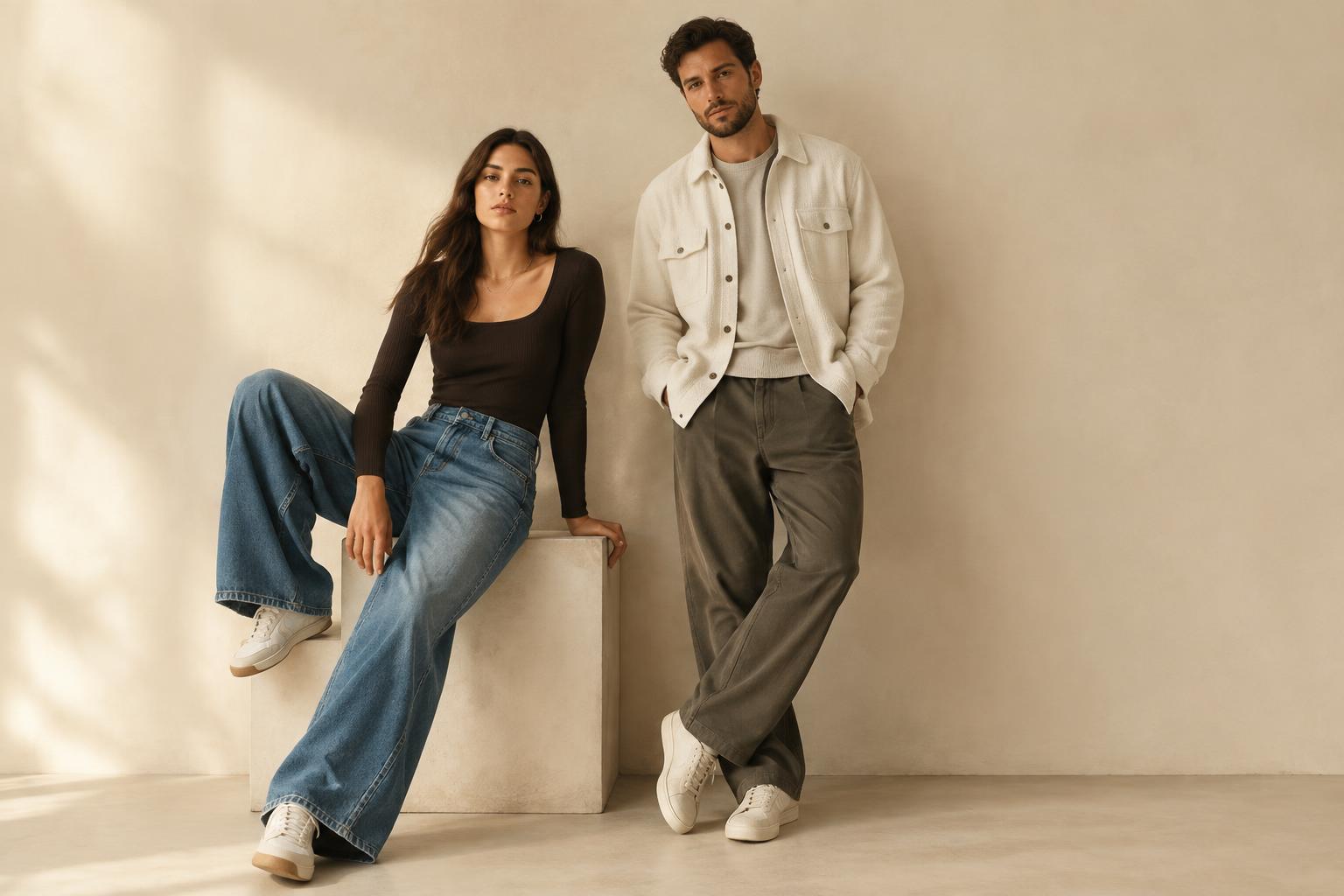 Man and woman in elevated everyday looks